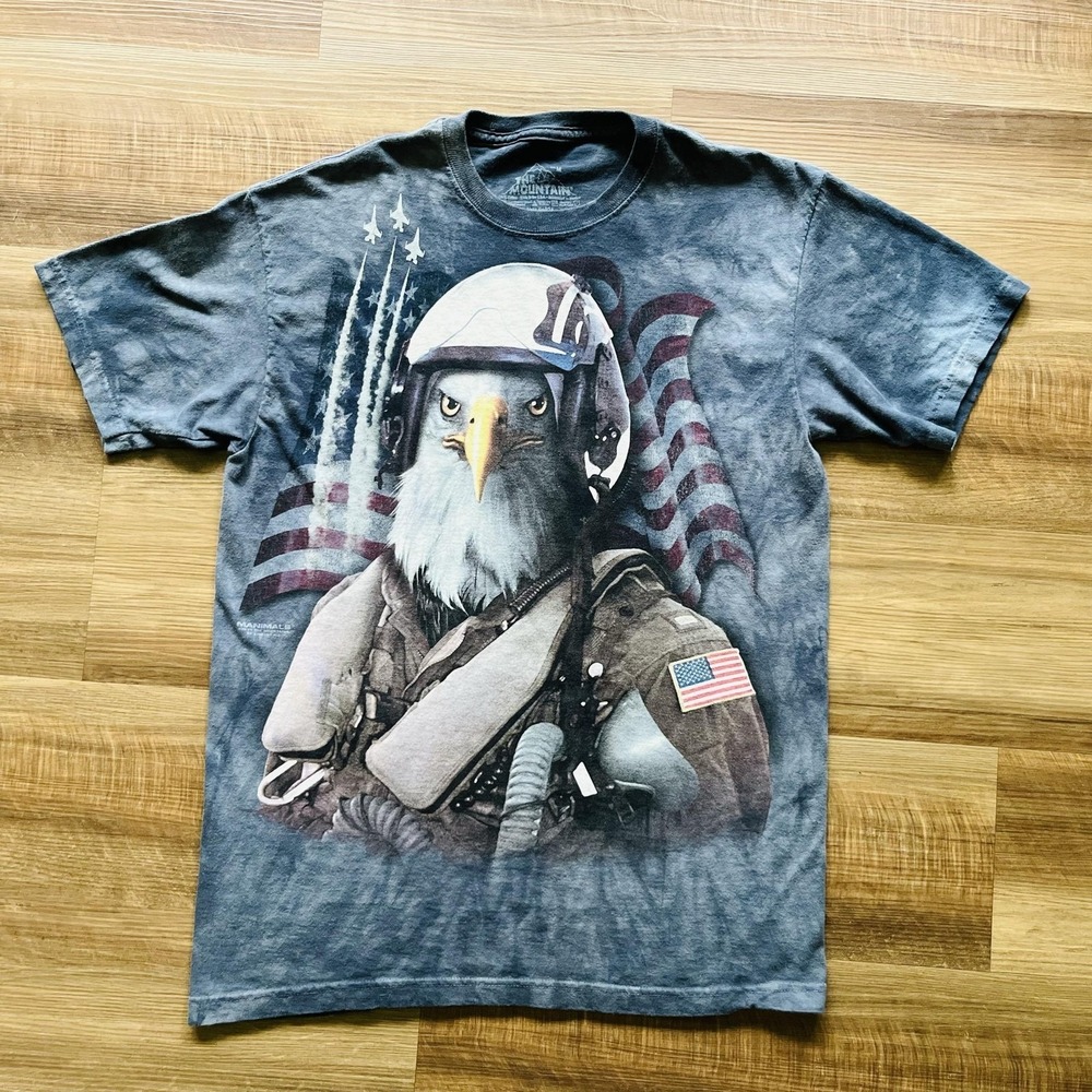 The Mountain Shirt Mens Medium Gray Tie Dye Eagle Pilot Flag Graphic Tee USA